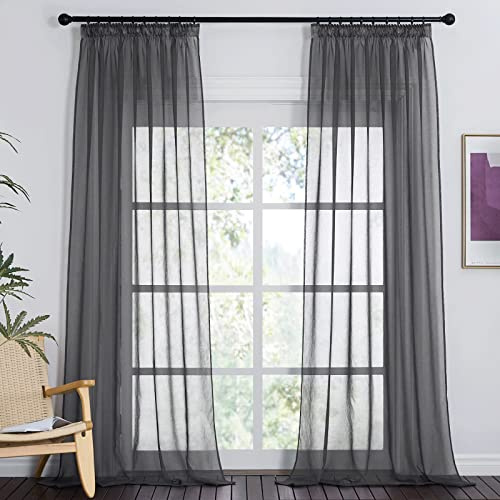 PONY DANCE Stores Gardinen mit Kräuselband Vorhang 200cm Lang Transparent | Dunkelgrau,H200 x B140 cm,2er Set,Schienensystem Vorhang Durchsichtig für Wohnzimmer,Sheer Curtains Living Room,Luftig
