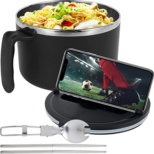 Caffney 1200ml Rapid Ramen Bowl with Strainer Lid, 304 Stainless Steel Noodle Bowl with Spoon Chopsticks, BPA Free Ramen Cooker Bowl with Phone Holder, Dishwasher Safe for College Dorm Home Office
