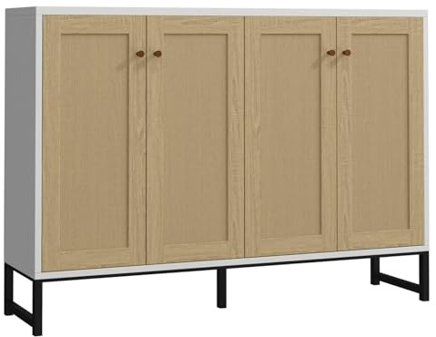 Panana 4-Door Accent Cabinet Sideboard Rattan Decorated Buffet Cabinet for Dining Room Kitchen Storage Farmhouse Console TV Stand (White)