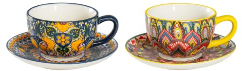 Kaffeetassen Set mit Untertasse, 2er Keramik Kaffeeset Bunt - 250ml | Kaffee Tassen Sets & Kaffeetasse für Kaffee, Tee, Desserts, Spülmaschinenfest