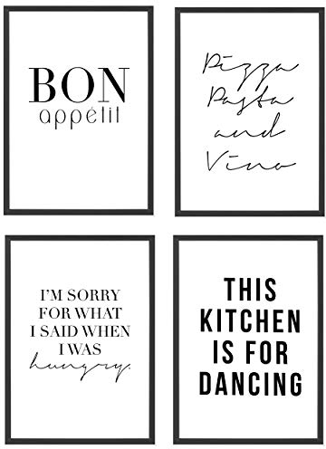 Heimlich® Premium Poster Set mit Bilderrahmen Holz Schwarz | 4 x DIN A4 - ca. 21x30 | Stilvolle Poster Collagen mit passenden Motiven als Wandbilder Wohnzimmer » Küche «