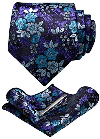 JEMYGINS Herren Blumen Krawatten und Einstecktuch Sets mit Krawattenklammer in verschiedenen Farben erhältlich,Blau Lila