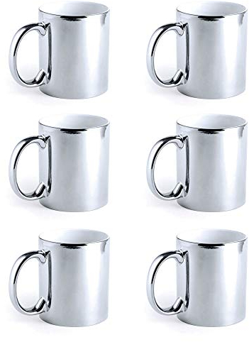 eBuyGB Metallic Large 350ml Ceramic Tea Coffee Mugs, Set of 6 (Silver)
