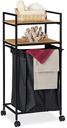 Relaxdays Rollregal Bad, 2 Ablagen, Badregal mit Wäschekorb, Metall, Bambus, HBT: 89,5 x 39 x 32,5 cm, schwarz/natur