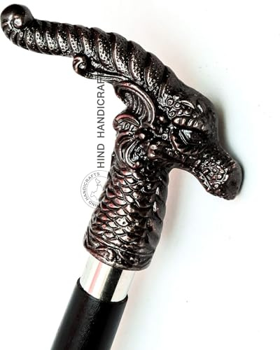 Hind Handicrafts Dekorativer viktorianischer Gehstock und Gehstöcke für Damen und Herren, 91,4 cm, schwarzes Ebenholz, Messinggriff, Uni, Derby, faltbarer Gehstock (91,4 cm, antiker Drache 3)