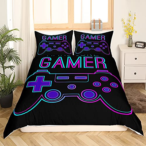Loussiesd Kinder Jungen Spiele Bettwäsche 135x200cm Gamepad Drucken Bettwäsche Set Modern Gamer Thema Bettbezug Set für Jugendliche Männer Gamecontroller Schwarz Lila Blau 2 Stück