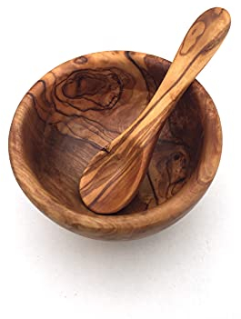 Bol à purée pour bébé avec cuillère à soupe - Diamètre au choix : 8/10 cm - Bol naturel - Cuillère fine - Fabriqué à la main en bois d'olivier (Ø 8 cm)