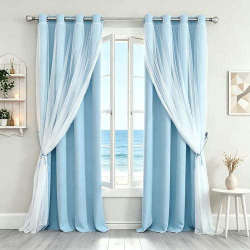 SOFJAGETQ - Tende oscuranti lunghe 213,4 cm, a doppio strato, tende romantiche con pannello trasparente, per finestre di camera da letto, cameretta per bambini e bambine e soggiorno, celeste, 2 pezzi