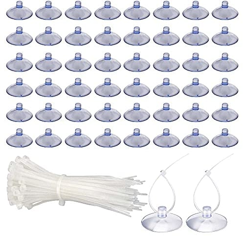 IYBQIU 50 Pcs Fish Tank Suction Hooks with 100 Pcs Adjustable Zip Ties Clear Plastic Aquarium Suction Cup Fish Tank Suction Cup for Binding Moss Shrimp Nest Dodging Nest, White/ Transparent