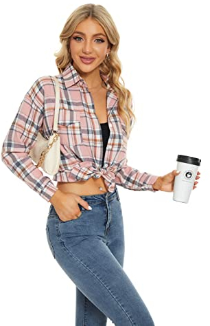 Fourindo Womens Plaid Shirt Ladies Cotton Tops Button Down Long Sleeve Womens Oversize Boyfriend Shirts Casual Flannel Checked Shirt with Pocket