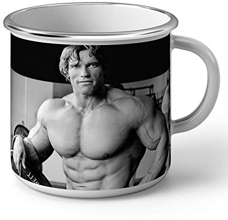 Tasse emailliert Metall Arnold Schwarzenegger Junge Celebrity Body Builder Foto Retro