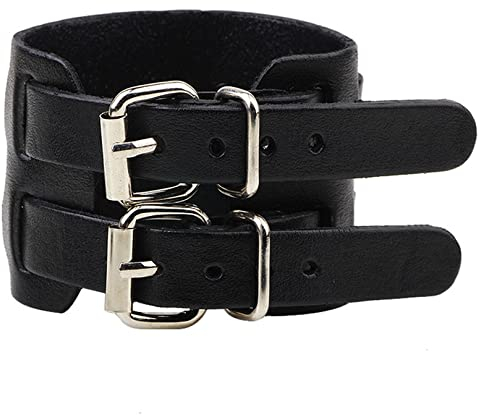 Thajaling Bracciale da polso in pelle bovina, Bracciale con doppia fibbia in pelle larga, Bracciale alla moda, Bracciale vintage regolabile per donna uomo (Nero)