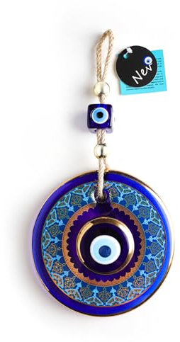 nevfactory Evil Eye 13 cm breiter goldener Rahmen mit Motiven zum Aufhängen an der Wand Heimdekoration – Heimschutzornament – kostenloser Magnet im Lieferumfang enthalten