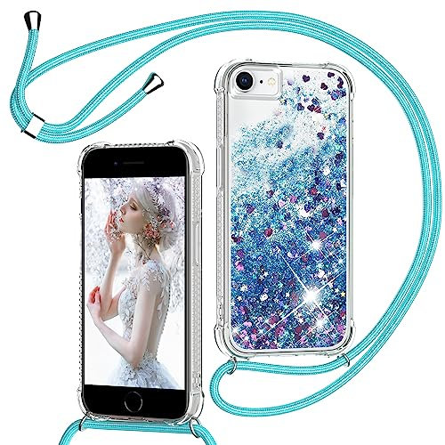 TUUTPU Handyband für iPhone 8/SE 2020/2022/7/6 Hülle mit Band, Glitzer Treibsand Handyhülle mit Kordel zum Umhängen Transparent Stoßfest Schutzhülle mit Kette Schnur, Quicksand Necklace Case in Blau