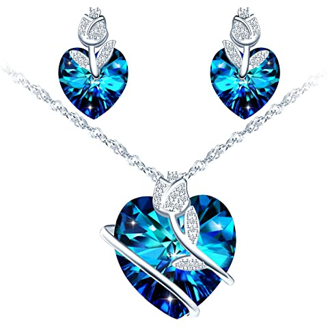 MICSAVI Conjunto De Collar Y Pendientes Plata De Ley 925 Con Colgante De Cristal austriaco en forma de Corazón con Flor de Rosa Juegos de Joyas para Novia Boda Fiesta