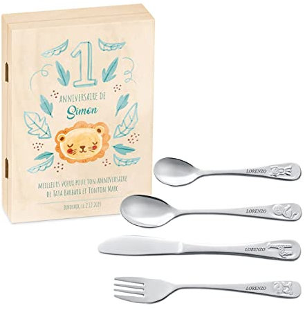 Maverton Set de Couverts De Table Bebe 1 An personnalisé - Coutellerie dans coffret imprimé - Couvert Enfant Inox Thème Animal - Cadeau Enfant 1 an anniversaire - Cadeaux bébé - Couverts gravés - CHAT