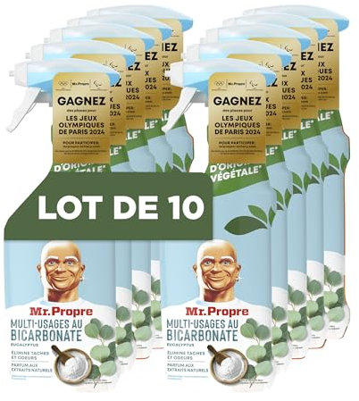 Mr. Propre Spray Nettoyant Multi-Usages Bicarbonate & Eucalyptus, Pack Économique 10x500ml, Élimine 100% des Taches Tenaces, 82% d'Ingrédients Végétaux, Convient aux Surfaces Alimentaires