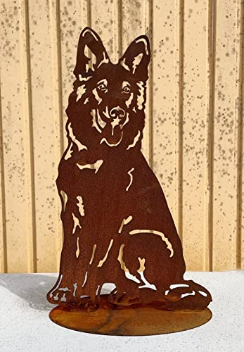Schäferhund sitzend auf Platte Edelrost Gartendeko Rost Metall Rostfigur Hunde Tier Dekofigur Gartendekoration von Steinfigurenwelt (60x36cm)
