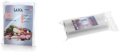 Laica VT3501 Confezione da 100 Sacchetti sottovuoto per alimenti Formato 20 x 28 cm & VT3509 Confezione da 2 Rotoli Sottovuoto per Alimenti, Formato 28 x 600 cm