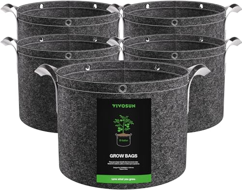 VIVOSUN Lot de 5 Sacs de Culture de 50 litres, Pots en Tissu Non tissé épais de 360 g avec poignées à Sangle, Anneaux Polyvalents, pour la Formation de Plantes à Faible Stress, Fruits, légumes et