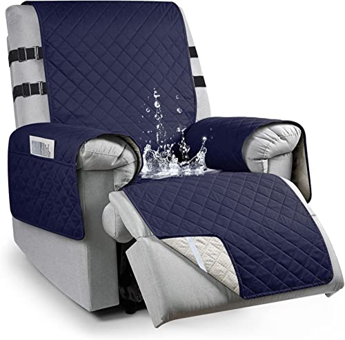 Sesselschoner für Relaxsessel mit Armlehnen, 100% Wasserdicht Sesselauflage für Fernsehsessel, 1 Sitzer rutschfest Armlehnenschoner mit Taschen und 2 Verstellbaren Riemen, Blau, S