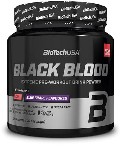 BioTechUSA Black Blood CAF+ Preworkout Getränkepulver mit 12 Wirkstoffen und 200mg Koffein pro Portion - Zucker-, Laktose- und Glutenfrei, 300 g, Blaue Trauben