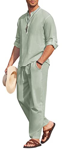 COOFANDY 2-teiliges Herren-Set aus Baumwoll-Leinen, lässig, langärmelig, Henley-Shirt, Strandhose mit Taschen, Sommer-Yoga-Outfits