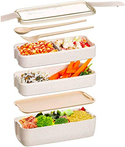 Meider Lonchera japonesa Bento Box reutilizable 3 en 1, lonchera Bento con tenedor, cuchara