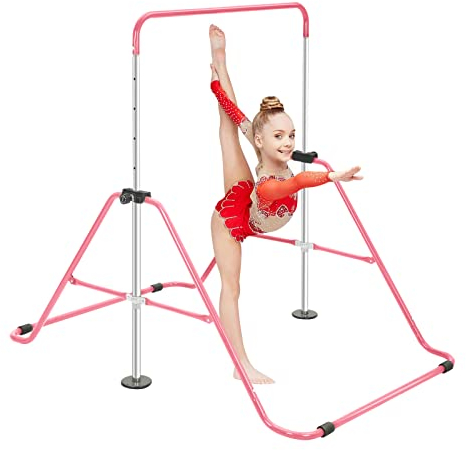 Trintion Gymnastics Bar Folding Training Equipment Gymnastic Kids Horizontal Bar Adjustable Height 84-130cm for Girls Boys Home Indoor Outdoor Pink