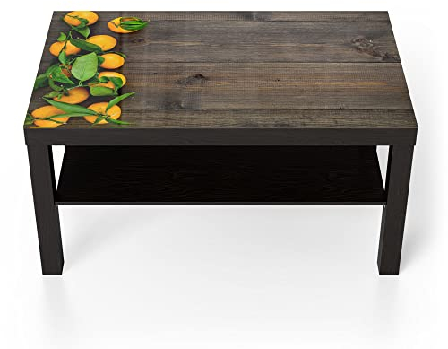 DEQORI Glastisch | schwarz groß 90x50 cm | Motiv Orangen auf Holzbrettern | ausgefallener Beistelltisch aus Glas | Hochglanz Couchtisch fürs Wohnzimmer | moderner Couch Tisch mit Design
