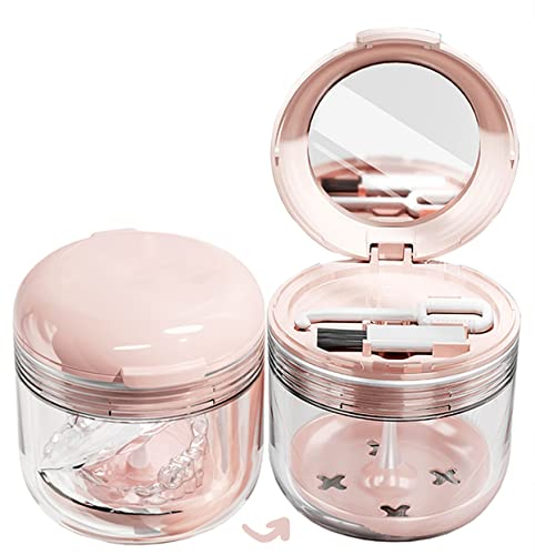 MURRI&MURRDI Retainer Case, Denture Bath Box with Strainer Basket, Retainer Soaking Case, Denture Cup with Lid, Mouth Guard Case, Cute Denture Holder Retainer Storage Soak Container for Travel (Pink)