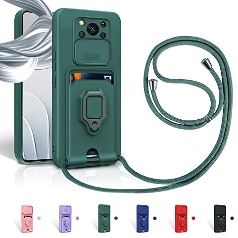 Aithne Cordon de Coque pour Xiaomi Poco X3/X3 Pro/X3 NFC,Couvercle Coulissant de la Caméra+Support Annulaire à 360 Degrés,Fentes pour Cartes Lanyard Silicone Case -Vert