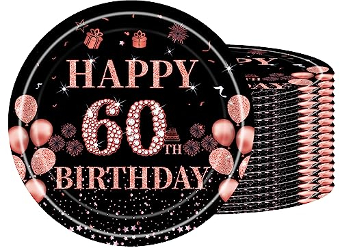 Platos de papel para 60 cumpleaños, 16 platos desechables de cumpleaños, 18 cm, platos de papel desechables para jóvenes y niñas, platos de papel negro y oro rosa para fiestas de cumpleaños, Happy