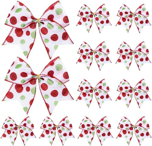 LATERN 24 Stück Rot Grün Weihnachts Schleifen, 15CM Große Weihnachtskränze Schleifen Weihnachtsbaum Streifenschleifen Bänder Ornamente für Weihnachtsgirlande Hochzeit Geschenk Verpackung (Punkt) cc