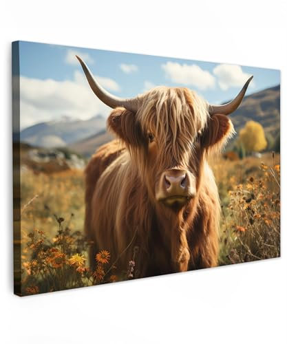 MuchoWow© Leinwände 90x60 cm Wall Decoration Bilder Schlafzimmer Deko Pictures Canvas Painting Wanddekoration Wohnzimmer Schottische Hochlandrind - Kuh - Highland Cow - Blumen - Hörner