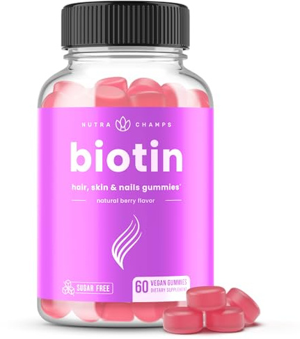 NutraChamps Sugar Free Biotin Gummies 10000mcg [High Potency] - Healthy Hair, Skin & Nails for Women, Men & Kids - 5000mcg in Each Gummy - Vegan, Non-GMO, Hair Health Vitamins Supplement - Raspberry