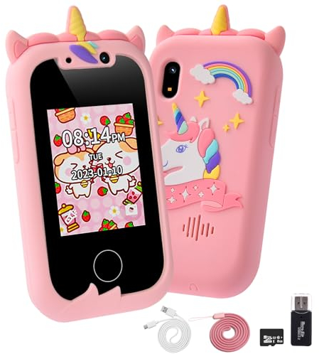 Ainiv Telefono Juguete, Unicornios Rosados Teléfono de Juguete para Niños, Pantalla Táctil, Educación Movil Bebe, Teléfono Real con Tarjeta 8GB SD, Regalos de Cumpleaños de Navidad para Niñas