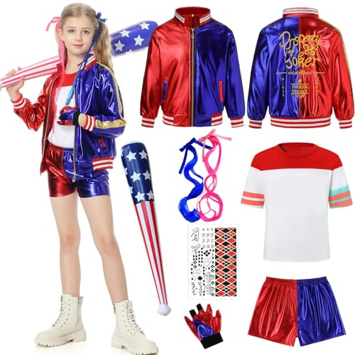 Ladhow Harle Quin Kostüm Suicid Harley Queen Kostuem fur Kinder Erwachsene mit Handschuhe Jacke T-Shirt Hose Baseballschläger für Halloween Karneval