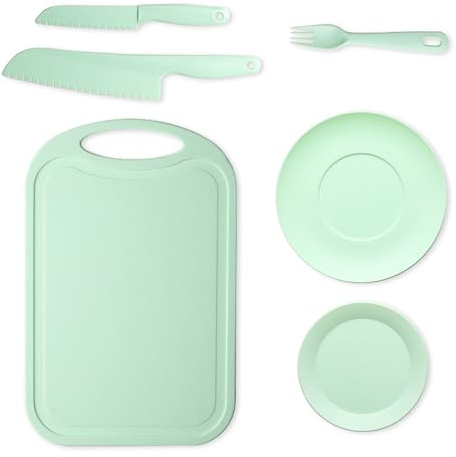 FZSECRIU Cuchillo Niños, Utensilios Cocina Montessori 6 Juego, con Tabla De Cortar De Polipropileno, Utilizado para verduras y frutas o pan, etc.