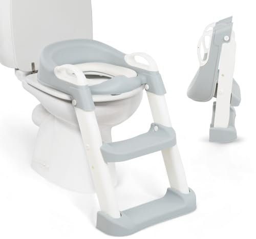 KikkaBoo Toilettensitz für Kinder mit Treppe LEA, Toilettentrainer, Zusammenklappbar & einstellbar, anatomischer Aufbau, Weiche, Herausnehmbare Polsterung, Griffe, Rutschfest, 18+ Monaten, Grau