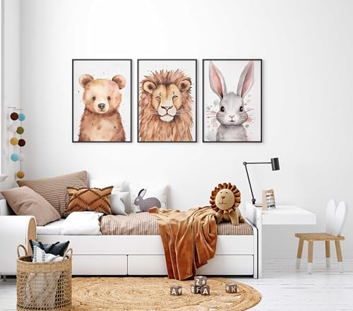 WANDKIND Kinderzimmer Poster Set Premium P791 / Tierportraits Wandbild Babyzimmer (A4 - Rahmen/Frame Eiche/Oak)