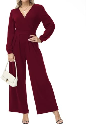 Tanmolo Damen Lang Jumpsuit Langarm V-Ausschnitt Overall Elegant Hosenanzug Weites Bein Romper Mit Taschen (Weinrot, L)