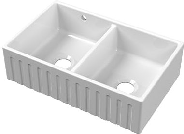 Balterley 795mm Butler White Kitchen Sink, Fluted Front Double Bowl Stepped Weir with 1 Overflow Hole, Durable Butler Fireclay Ceramic Kitchen Sink Bowl, Farmhouse Sinks - 795 x 500 x 220mm (White)