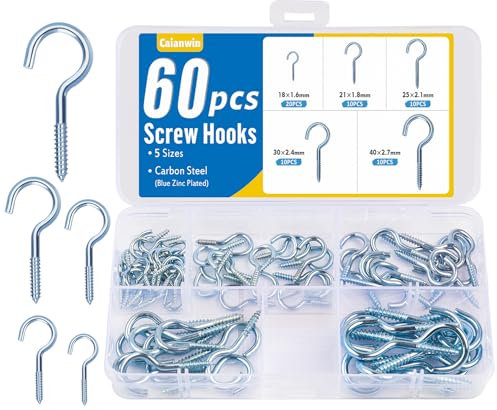 Caianwin 60 Stück Schraubhaken Set Mini und Klein Hakenschrauben mit Gewinde aus Verzinktem Stahl für Innen und Außen, Deckenhaken, Wandhaken, Befestigungshaken (5 Größen)