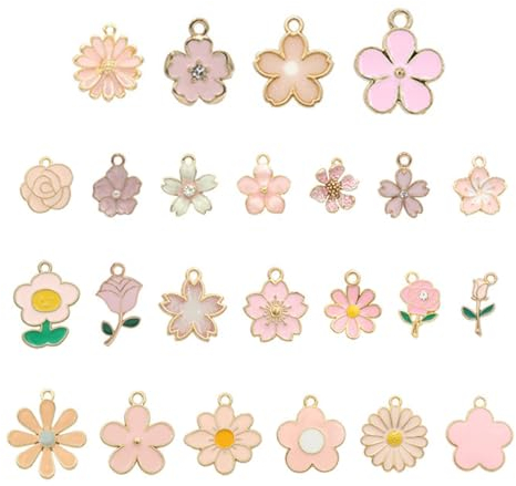 ZAMXHUG 25 Style Émail Fleur Pendentifs - 25 pcs Coloré Floral Thème Fleur Charmes Marguerite Fleur de Cerisier Dangle Plaqué Or Émail Charme pour Collier Boucle d'oreille Bracelet Bijoux