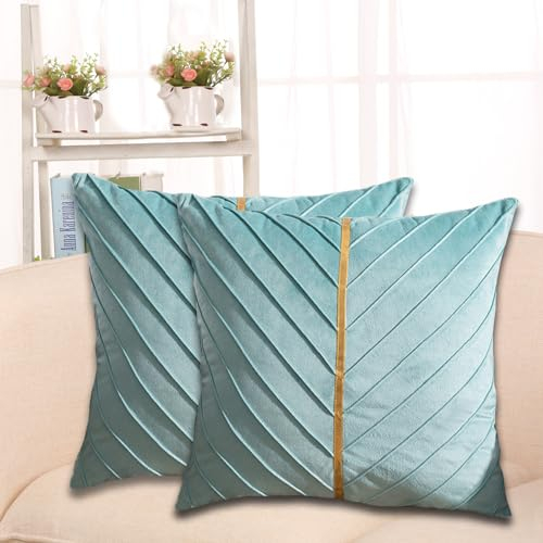 XIEJINJIA 2er Set Samt Kissenbezug mit Gold Leder Kissenhülle Sofakissen Dekorative Dekokissen Zierkissenbezüge für Couch Schlafsofa Wohnzimmer Schlafzimmer 45 x 45 cm Mintgrün