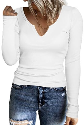 Aottori Camiseta Blanco Mujer Manga Larga Basica Tops Cuello en V Elegante Acanalada Punto Blusas Shirts Elástico Ligero Liso Casual Túnica Camisetas Blanco M