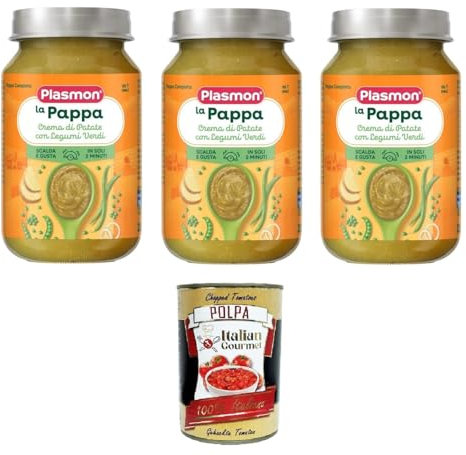 Plasmon la Pappa Crema di Patate con Legumi Verdi Cremiger Kartoffel-Pappa mit grünen Hülsenfrüchten 3x200 g+ Italian Gourmet Polpa di Pomodoro 400g