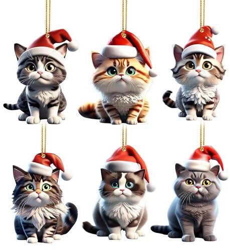 6pcs Cat Christmas Tree Ornaments Cute Cat Christmas Hanging Pendant Acrylic ChristmasTree Hanging Decorations Xmas Car Hanging Ornament ChristmasTree Decorations Set Funny Xmas Ornaments