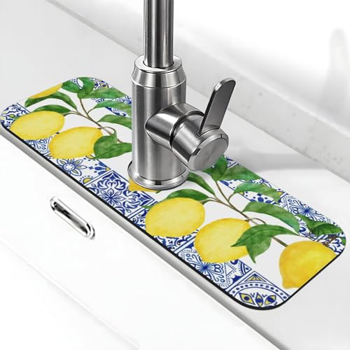 Faucet Drying Mat for Kitchen Sink Absorbent Microfiber Fast Drying Mats Splash Guard Drip Catcher Bathroom Washbasin Drying Pad 15x5.5 in (Lemon)